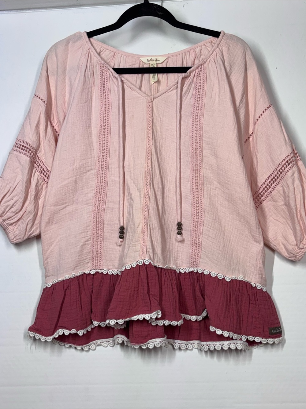 Matilda Jane Cute Cotton Top V-Neck Eyelet Accents Ruffle Waist Lace Trim